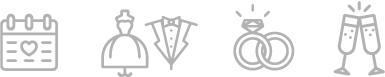 iconos de calendario, traje de novios, anillos y copas brindando